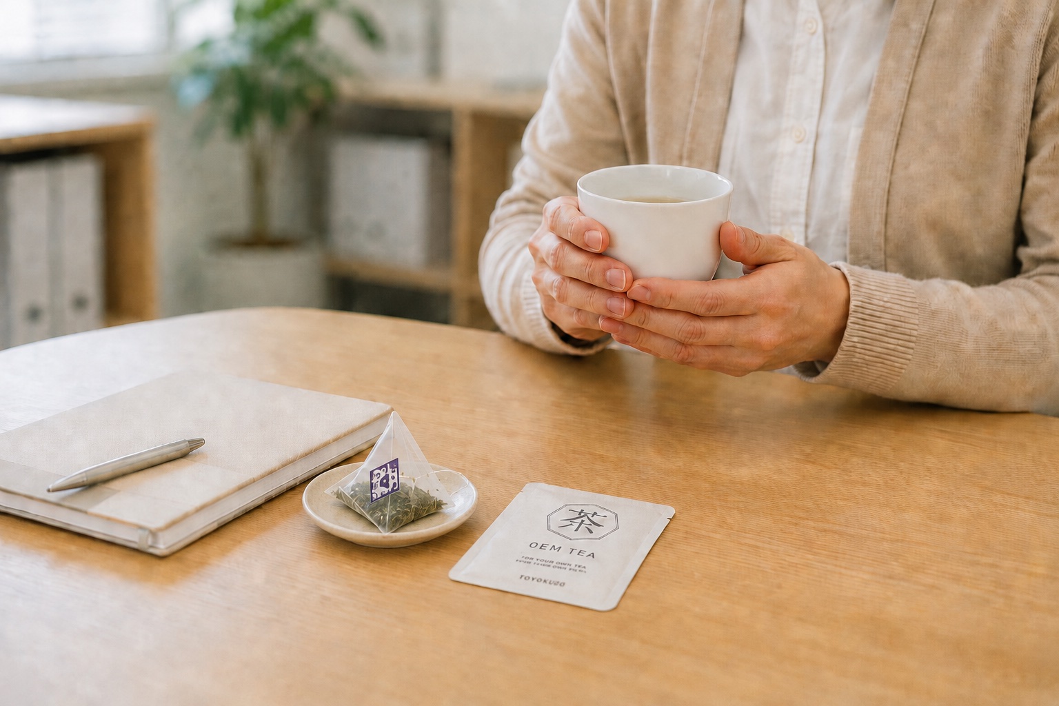オフィスのデスクでOEM TEAのサンプルを開封し日本茶を飲む様子