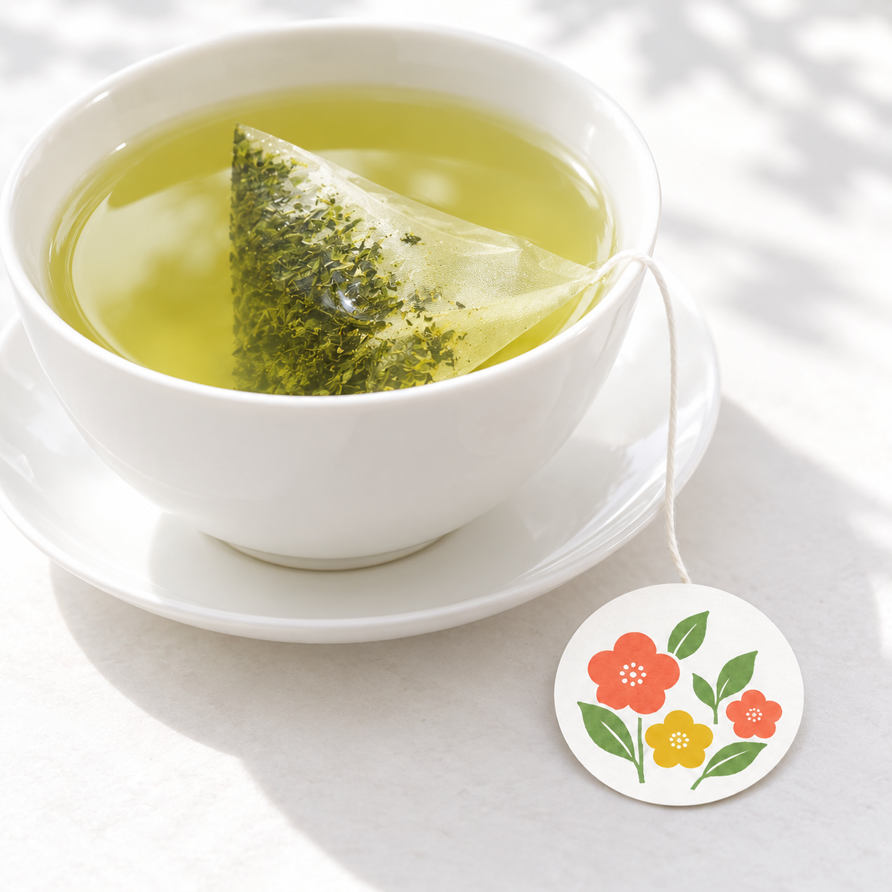 花柄の丸いタグを添えた、緑茶入りの白いカップのイメージ